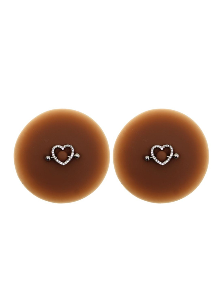 Paire de cache-tétons piercing barre coeur faux diamant peau foncée - XP004F